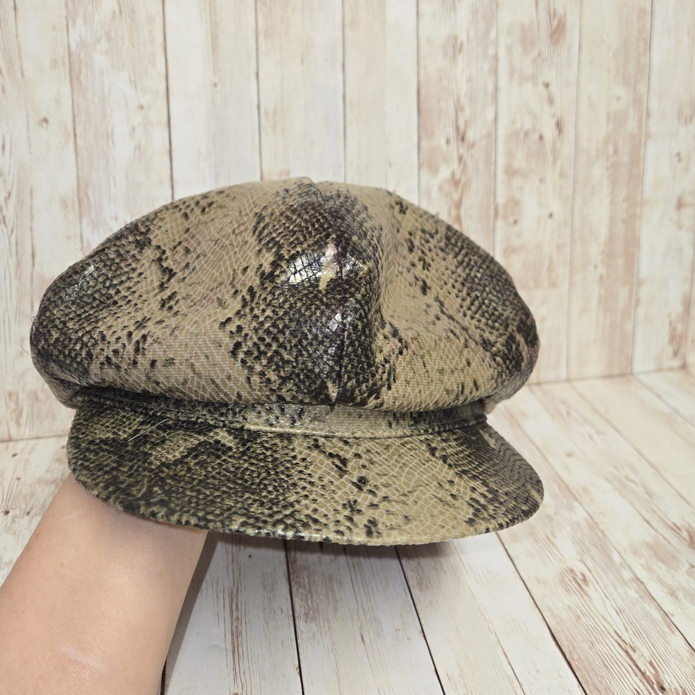 Vintage Snakeskin Print Newsboy Hat Olive Green Brown Tan Baker Boy Cap - Picture 9 of 12